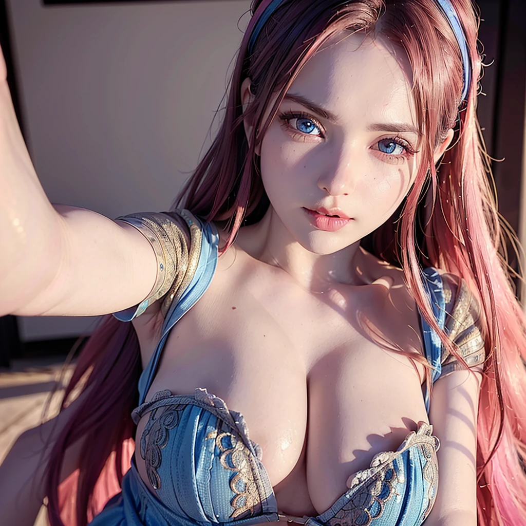 beautiful detailed woman, cleavage, pink and blue hair, big eyes, extremely detailed eyes, perfect face, seductive, vivid colors, detailed skin (best quality, 4k, 8k, high resolution, masterpiece: 1.2), ultra detailed, (realistic , photorealistic,photorealistic:1.37),photoportrait,colorful eyes