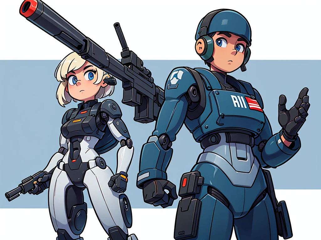 Image of a military-style robot holding a shotgun against a white background