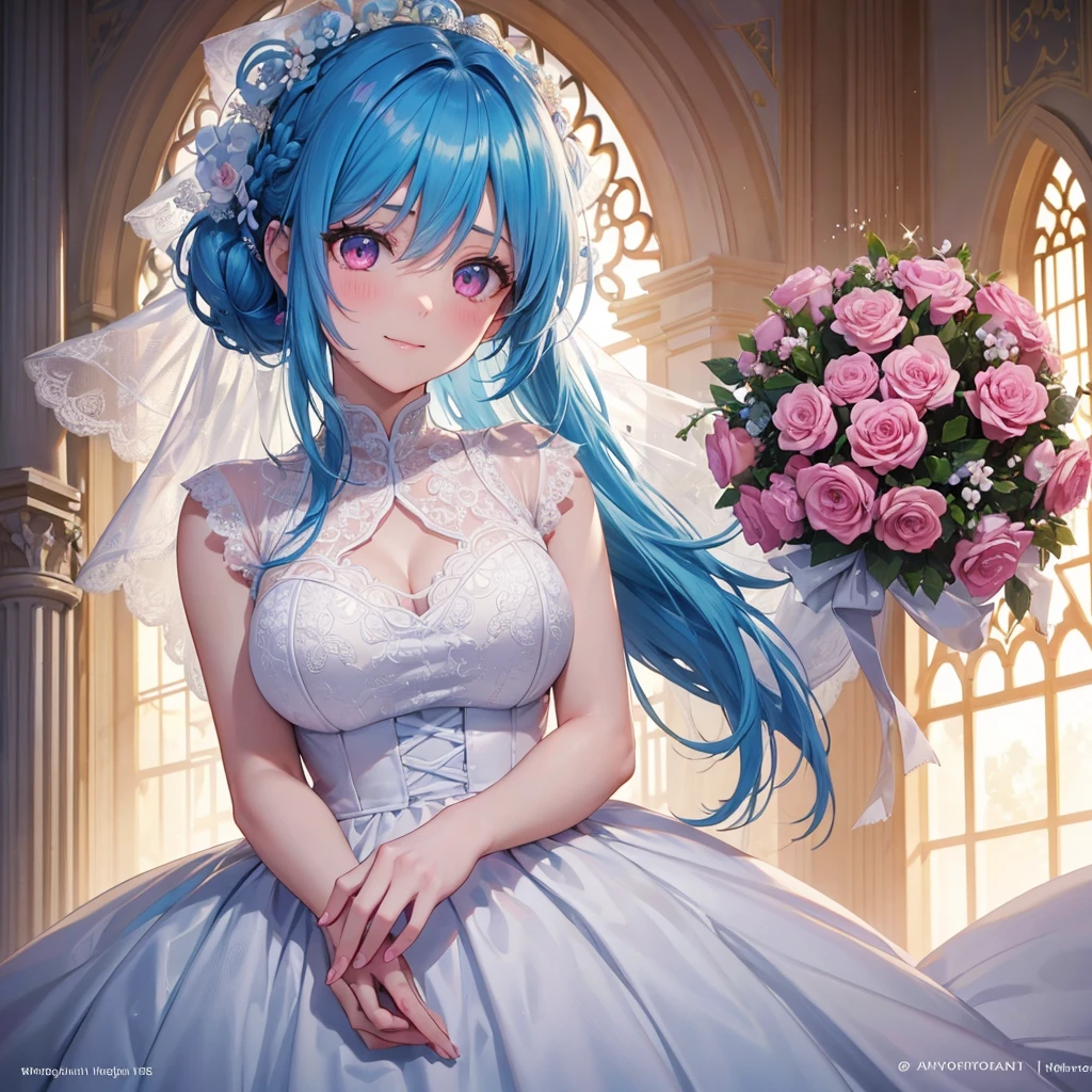 Sky blue hair, (Braided Ponytail),(Pink Eyes),Fair skin ,(whole body),(One girl),bride,A big smile,Straight bangs, 6月のbride,Wedding dress,(masterpiece, Highest quality, Very detailed, Best Shadow), (Detailed Background), (Beautifully detailed face), High Contrast, (Best lighting, Very delicate and beautiful), ((Cinematic Light)), colorful, Hyper Detail, Dramatic Light, Intricate details,Chapel background,Bouquet of roses
