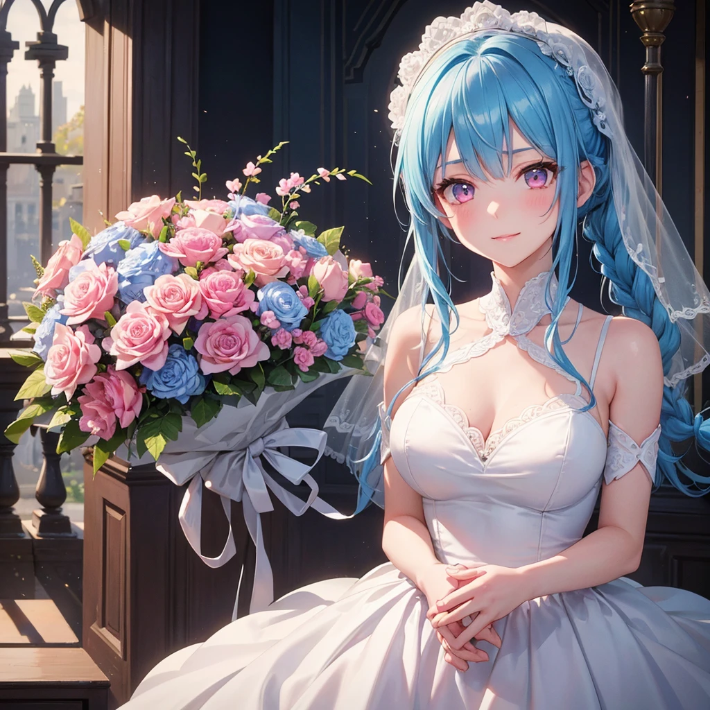 Sky blue hair, (Braided Ponytail),(Pink Eyes),Fair skin ,(whole body),(One girl),bride,A big smile,Straight bangs, 6月のbride,Wedding dress,(masterpiece, Highest quality, Very detailed, Best Shadow), (Detailed Background), (Beautifully detailed face), High Contrast, (Best lighting, Very delicate and beautiful), ((Cinematic Light)), colorful, Hyper Detail, Dramatic Light, Intricate details,Chapel background,Bouquet of roses