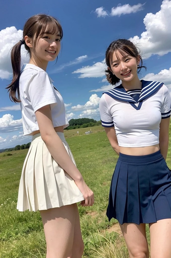 2 girls standing in windy rural field,large cumulonimbus cloud in summer blue sky,white sailor shirt,navy blue pleated skirt flipping up in wind,white thong showing,18-year-old,bangs,a little smile,thighs,knees,short hair with low pigtails bunches blowing in wind,from below,front light