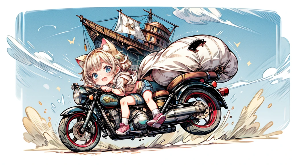 steampunk、Chibi character riding a motorcycle、Dynamic pose、look up、short hair、Cat ear、Flying Airship, Full of air,One girl、Big smile、Blonde Hair、Short Hair、Inner curls、Pink hoodie、Denim shorts、Black sneakers_No socks、Turquoise Eyes、Belly button、I see my stomach