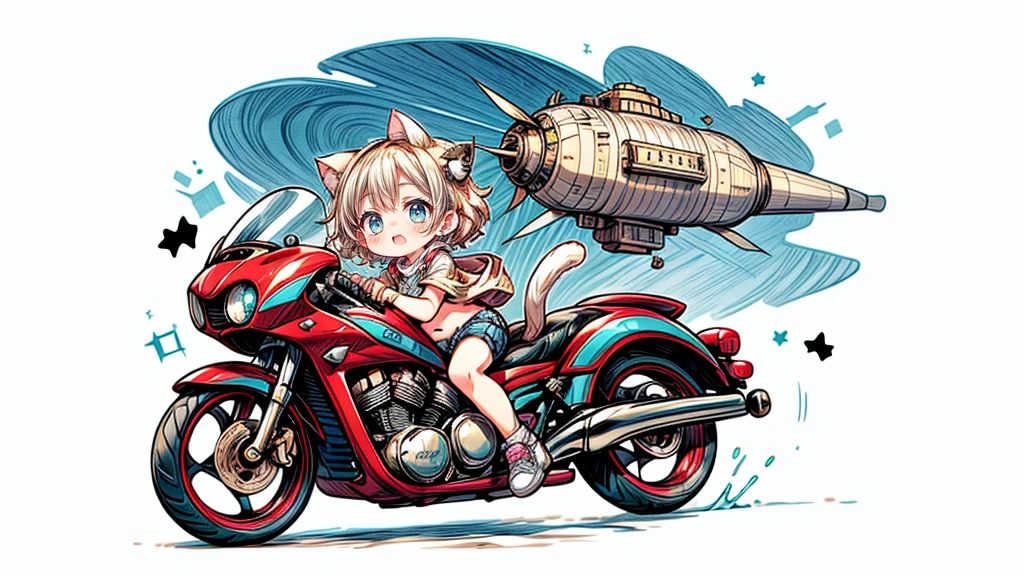 steampunk、Chibi character riding a motorcycle、Dynamic pose、look up、short hair、Cat ear、Flying Airship, Full of air,One girl、Big smile、Blonde Hair、Short Hair、Inner curls、Pink hoodie、Denim shorts、Black sneakers_No socks、Turquoise Eyes、Belly button、I see my stomach