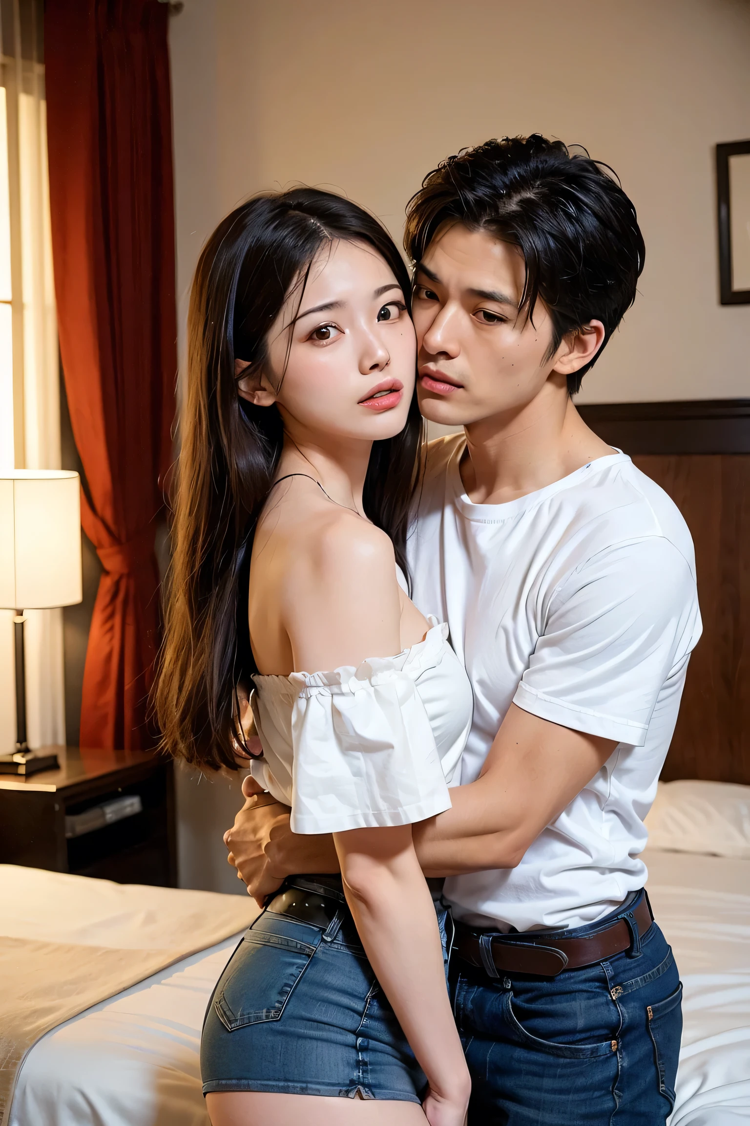 masterpiece,Highest quality,Advanced Details,1 male,1 female,((Hotel Bedroom:1.4))、((Japanese woman with straight medium-long hair:1.4)),((A woman wearing a white short-sleeved off-the-shoulder cotton shirt and a denim miniskirt:1.4)),Japanese middle-aged 1 male,Black Haired Man,A man in a white dress shirt is very handsome,((Man hugging woman'head:1.4)),The Woman is short,The man is tall,Reflects the height difference between men and women,The Woman'Height: 160cm.,The man is 175cm tall...,Man touching woman's head:1.7、((They are standing in an empty room:1.5))、Women play a leading role、Women are skinny,Small breasted women、