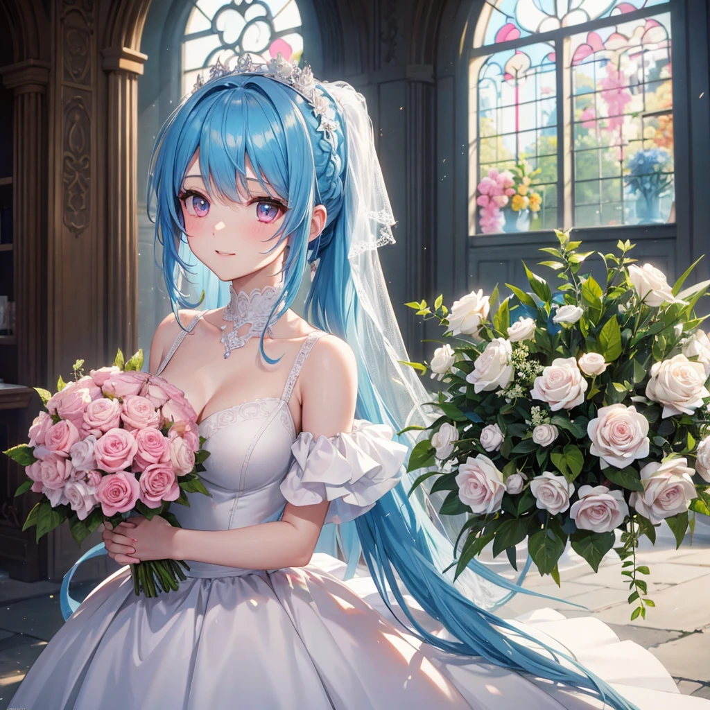 Sky blue hair, (Braided Ponytail),(Pink Eyes),Fair skin ,(whole body),(One girl),bride,A big smile,Straight bangs, 6月のbride,Wedding dress,(masterpiece, Highest quality, Very detailed, Best Shadow), (Detailed Background), (Beautifully detailed face), High Contrast, (Best lighting, Very delicate and beautiful), ((Cinematic Light)), colorful, Hyper Detail, Dramatic Light, Intricate details,Chapel background,Bouquet of roses