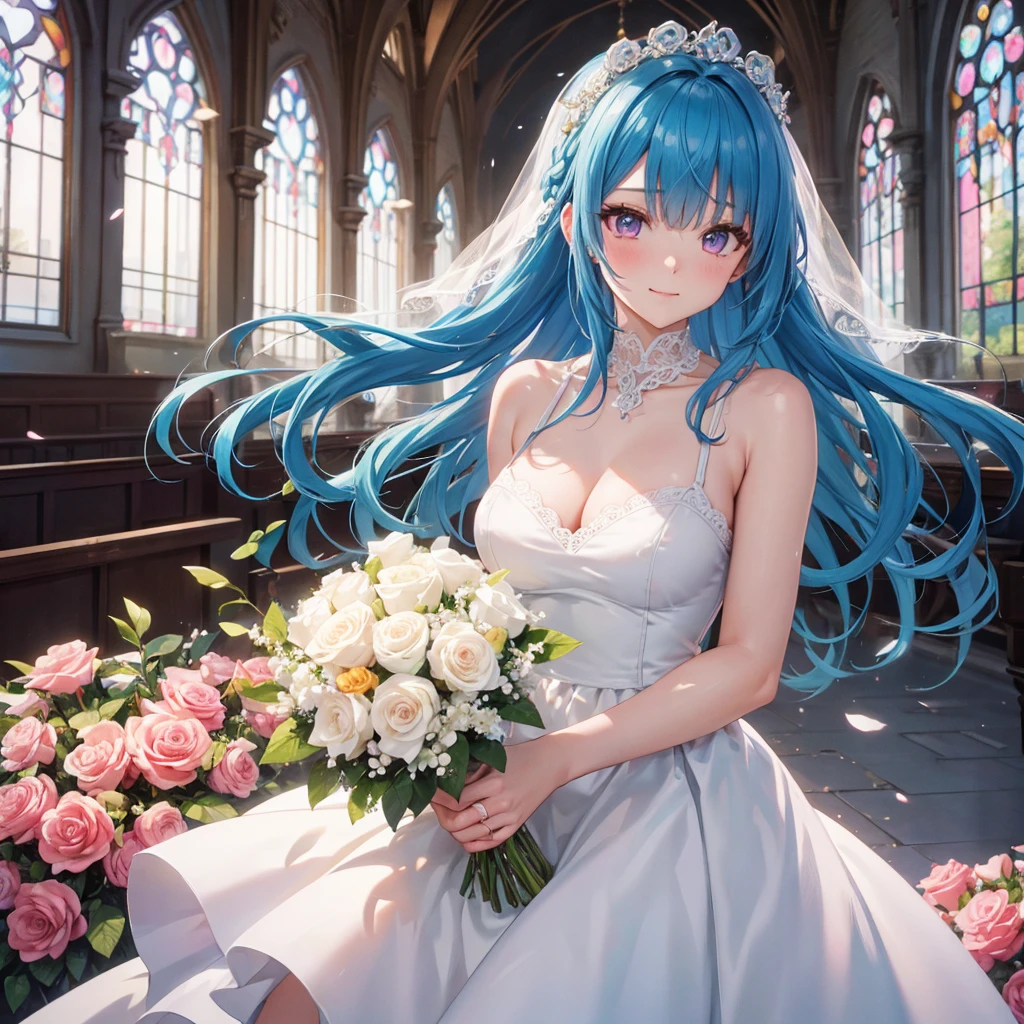 Sky blue hair, (Braided Ponytail),(Pink Eyes),Fair skin ,(whole body),(One Girl),bride,Big smile,Straight bangs, 6月のbride,Wedding dress,(masterpiece, Highest quality, Very detailed, Best Shadow), (Detailed Background), (Beautifully detailed face), High Contrast, (Best lighting, Very delicate and beautiful), ((Cinematic Light)), colorful, Hyper Detail 8k, Dramatic Light, Intricate details,Pure white sparkling background,A bouquet of roses in the right hand,Ring on left ring finger,church、cathedral、Stained glass、Sacred Light、