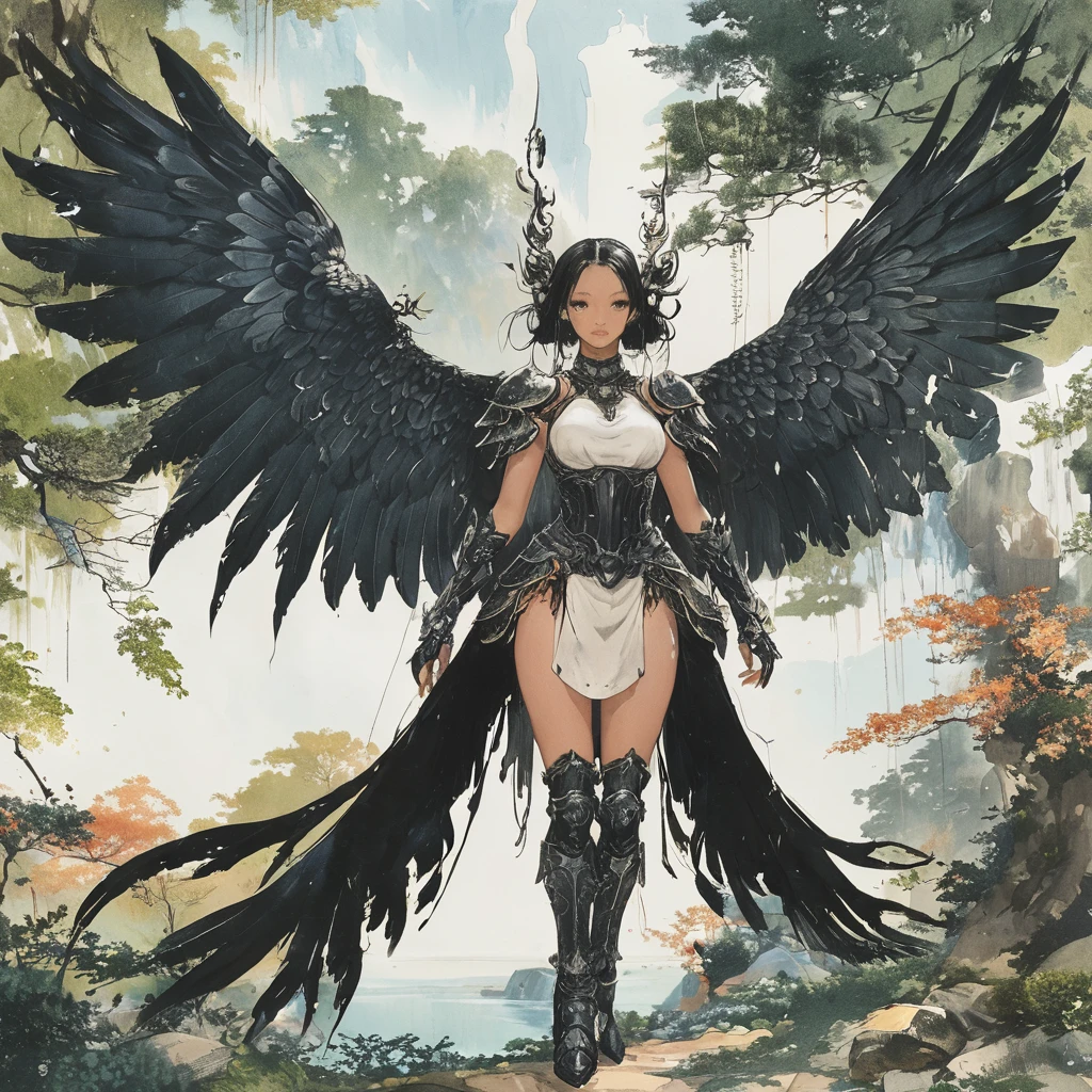 Masterpiece, Highest quality)), Detailed face, character design sheet， full bodyesbian, Full of details, frontal body view, back body view, Anime, 1 winged black-skinned girl, Ebony skinned, mega ponytail hairstyle, pure white hair, Sea BLUE eyes, busty, valkyrie's winged helmet, white valkyrie's armor, pit black Long large skirt, white gauntlets, white Boots, Ebony skin, serious face, large wings, action pose, extremely Large wings