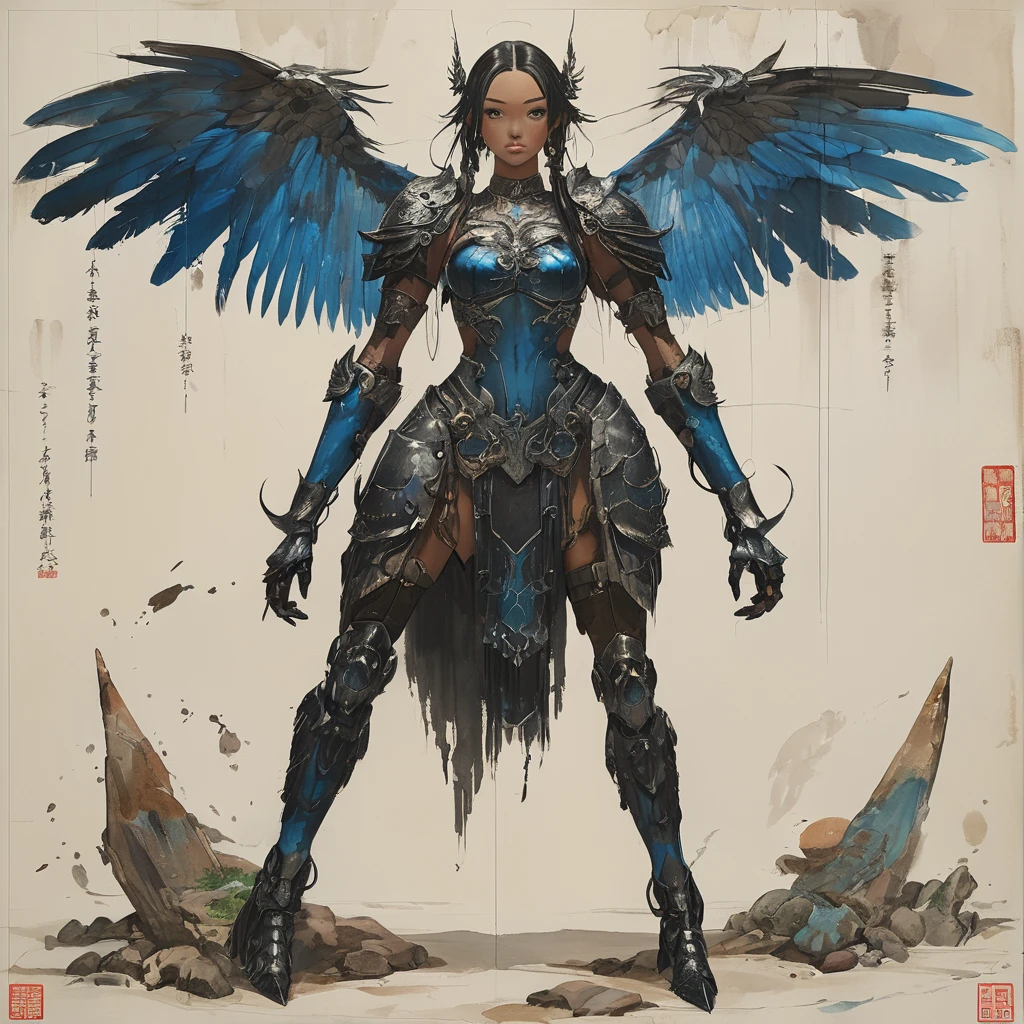 Masterpiece, Highest quality)), Detailed face, character design sheet, full bodyesbian, Full of details, frontal body view, back body view, Anime, 1 winged black-skinned girl, Ebony skinned, mega ponytail hairstyle, pure white hair, Sea BLUE eyes, busty, valkyrie's winged helmet, white valkyrie's armor, pit black Long large skirt, white gauntlets, white Boots, Ebony skin, serious face, large wings, action pose, extremely Large wings