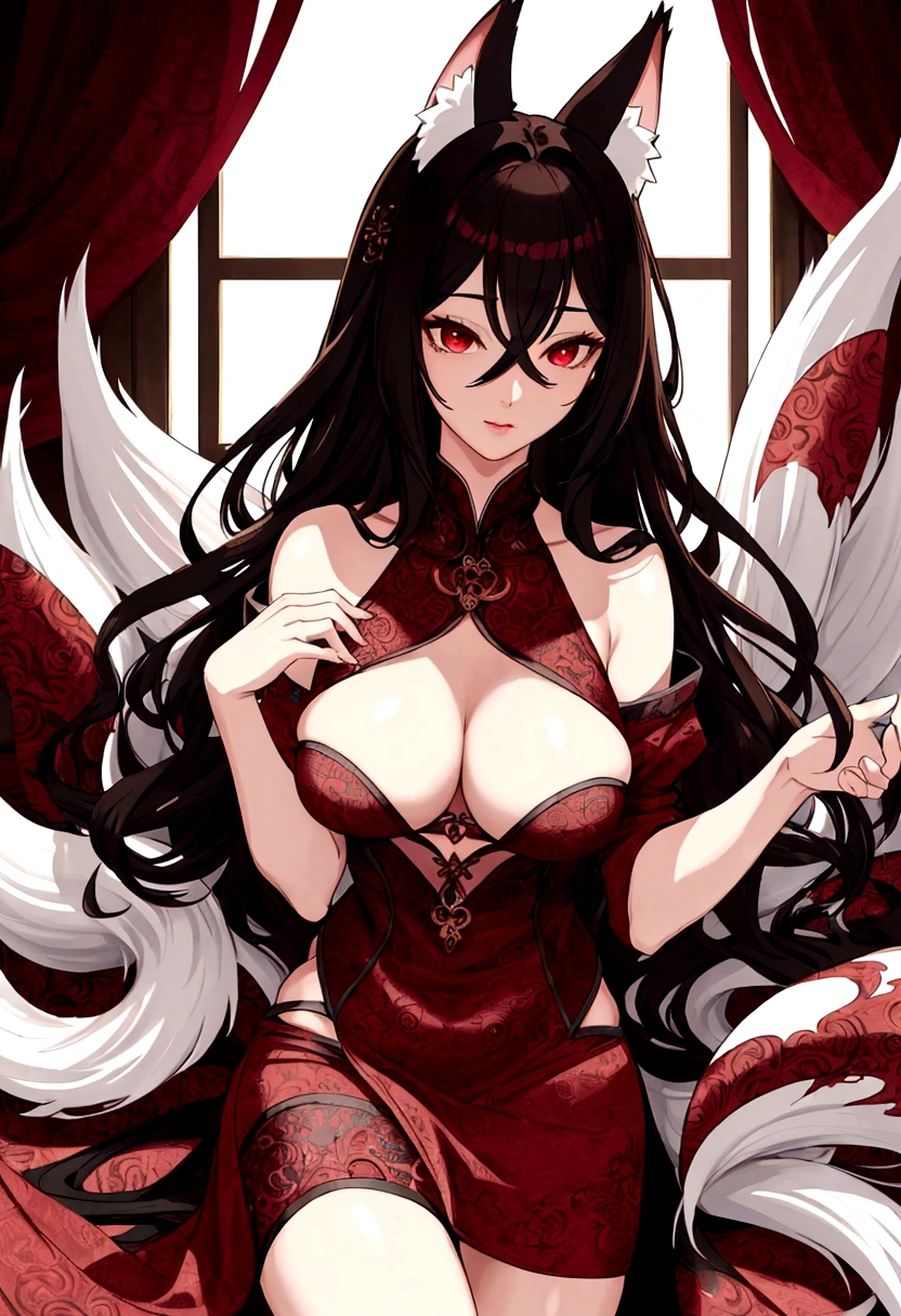 REALISTIC VISION 1.4, BEST AI, sharp focus, ultra detail, 32K, photo realistic, Intricate details, tight, seductive, sexy, long black wavy hair, red eyes, Intricate details, A 30 year old woman, medium breasts, nine tails around wind, Intricate details, body with beautiful curves, Intricate details, white t-shirt and sexy round short skirt, neckline, Intricate details, (((nine bramca tails))), (fox ears)