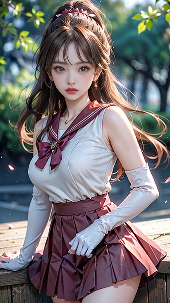 (, high resolution, Ultra Detailed, nffsw), On the table, best quality, SAMA1, Tira, Sailor warrior, White gloves, Red sailor collar, Red Skirt, Star necklace, Elbow groove, Pleated Skirt, Bare legs, Purple bow, Cowboy photoshoot, outdoor, Bokeh (85mm lens), Front camera, Gentle expression, wind blowing hair, fluffy hair, hair ((Brown)), Ponytail, Casual hairstyles, Blonde hair, Mole under left eye, Perfect body, Big breasts, Large Breasts, Top quality wearing hair ribbons, Earrings of top quality,