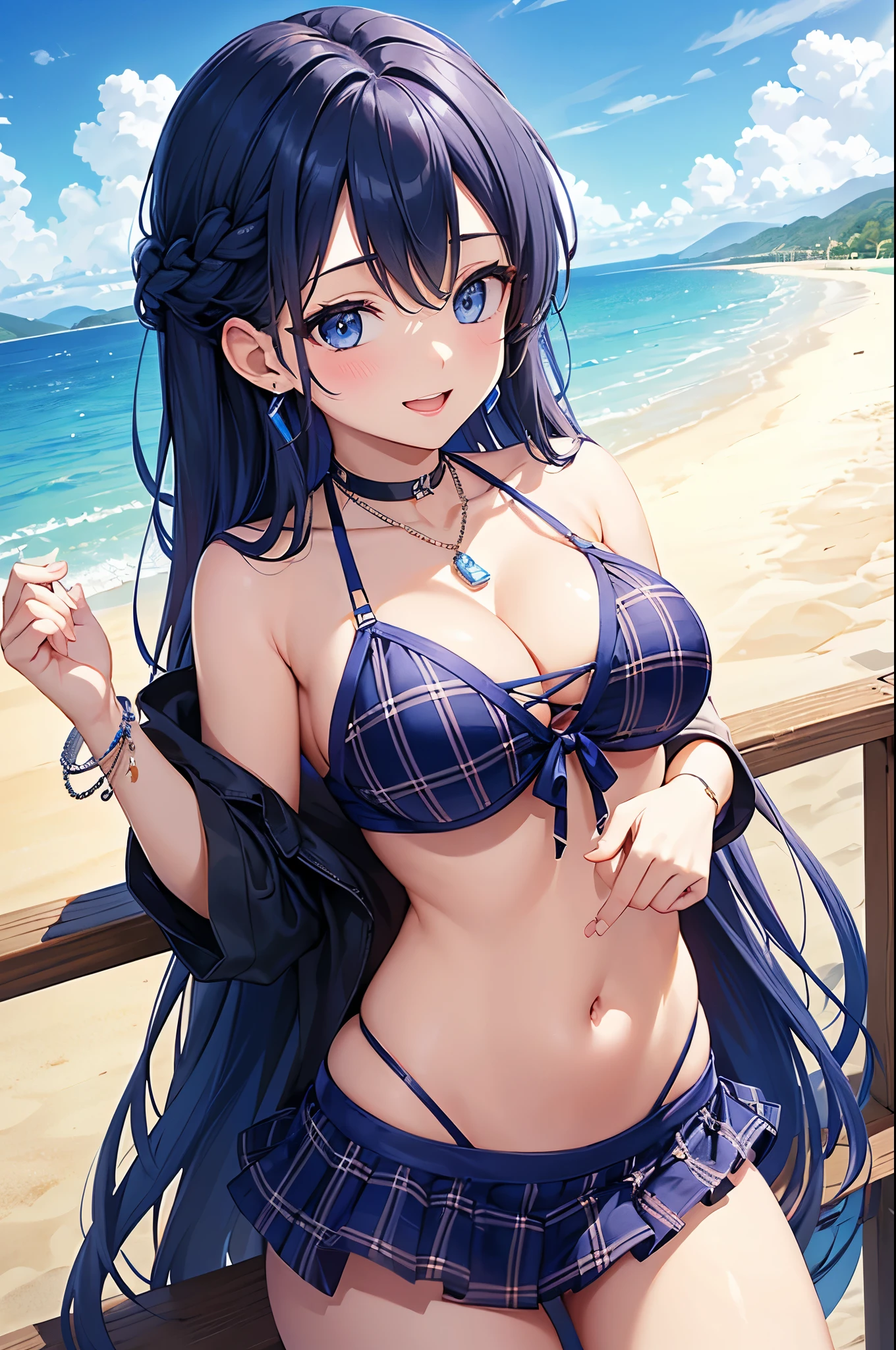 Highest quality、Highest quality、masterpiece、(8K),beauty(Age 25)、Navy blue long hair(Braiding of the sides)、blue eyes、Sexy Bikini(Plaid)、Big cleavage、(Big Breasts)、smile、blue necklace、Blue Earrings、background(Beach)、Please open your mouth wide、bracelet、Arch Pose、Blue choker