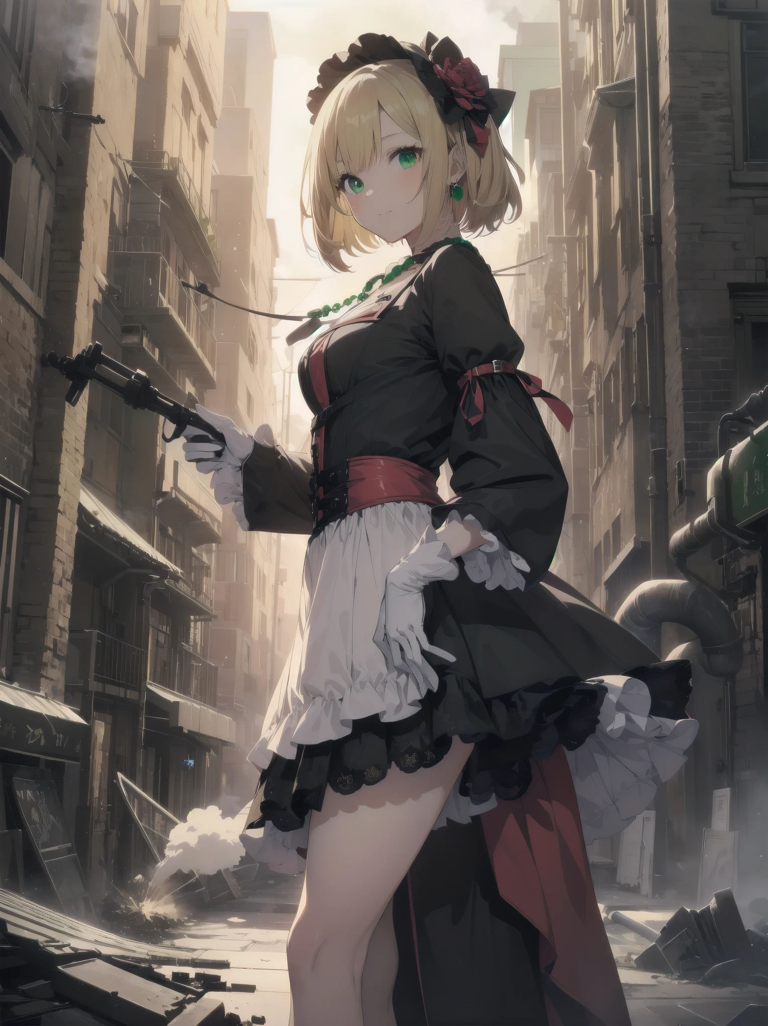 (masterpiece:1.2), (Highest quality:1.2), Ultra-high resolution, Very detailed, break, ((Anime girl standing with happiness in her hands)), Crazy girl, (1 person,ta,boyish, , 12 y), A light smile, , girl who looks like a boy, Bob cut hair, ((Blonde Hair)), Messy Hair, A super-sized chest overflowing with soft fat masses、Waistline、Slender body, Small Ass, Small green eyes,Fine and beautiful eyes, Well-proportioned iris and pupil, Expressive eyes, Beautiful and detailed lips, High resolution detailed hair, Perfect Eyes, Perfect Face, ultra high density skin, Full Finger, Perfect lighting, break, ((Light green necklace)), ((Black and red luxury dress:1.3)), light green tie, Sparkling Sapphire, Lady, Wear white gloves, break, (steampunk), Castle balcony, Skyscraper, Night view, Equipment, pipe, (Steam spewing out from pipes:1.2), Fantasy, break, ((Positive:1.3)), break, Digital anime art,Anime style illustrations,Anime illustration