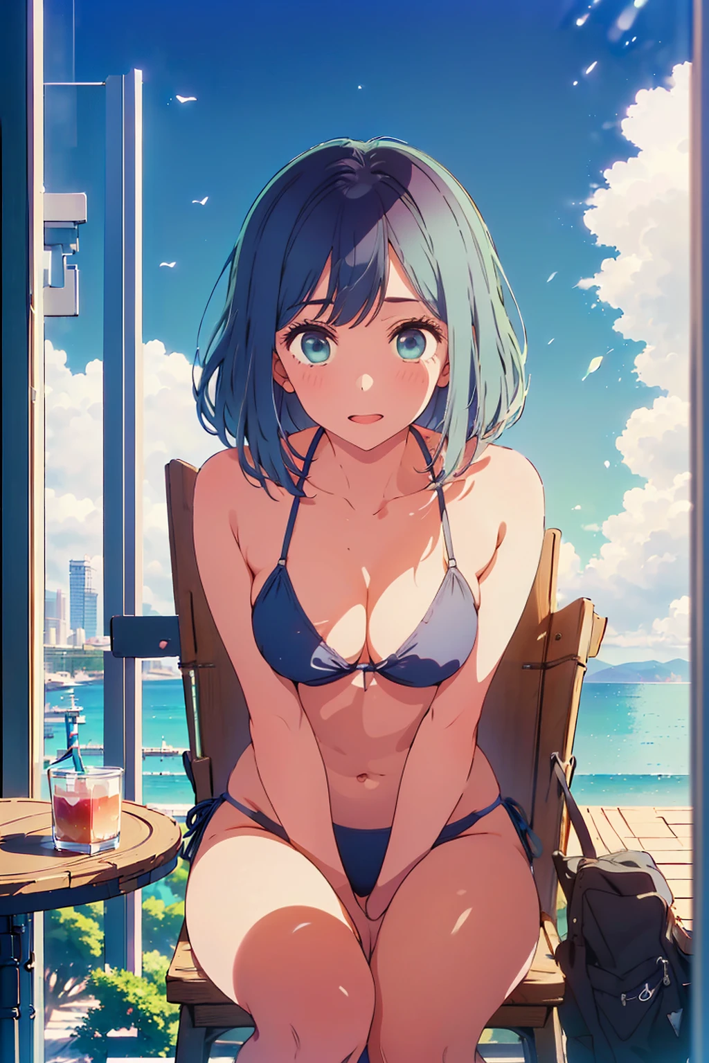 (Highest quality:1.4、masterpiece:1.4、Super detailed:1.4、8K:1.4)、F cup bust、Big Breasts、Slim body、((((1 person、Surprised expression、sit、Chair、In the background are the urban buildings of Tokyo、looking at the camera、Outdoor café terrace、coastal、Navy hair color、juice、Shooting up close、table、Very cute face))))、(Very beautiful thighs:1.4、Lift your legs:1.4)、((nude、Areola、bikini size too small))、Very blue sky、A completely cloudless sky、Big eyes、((((Shallow depth of field))))