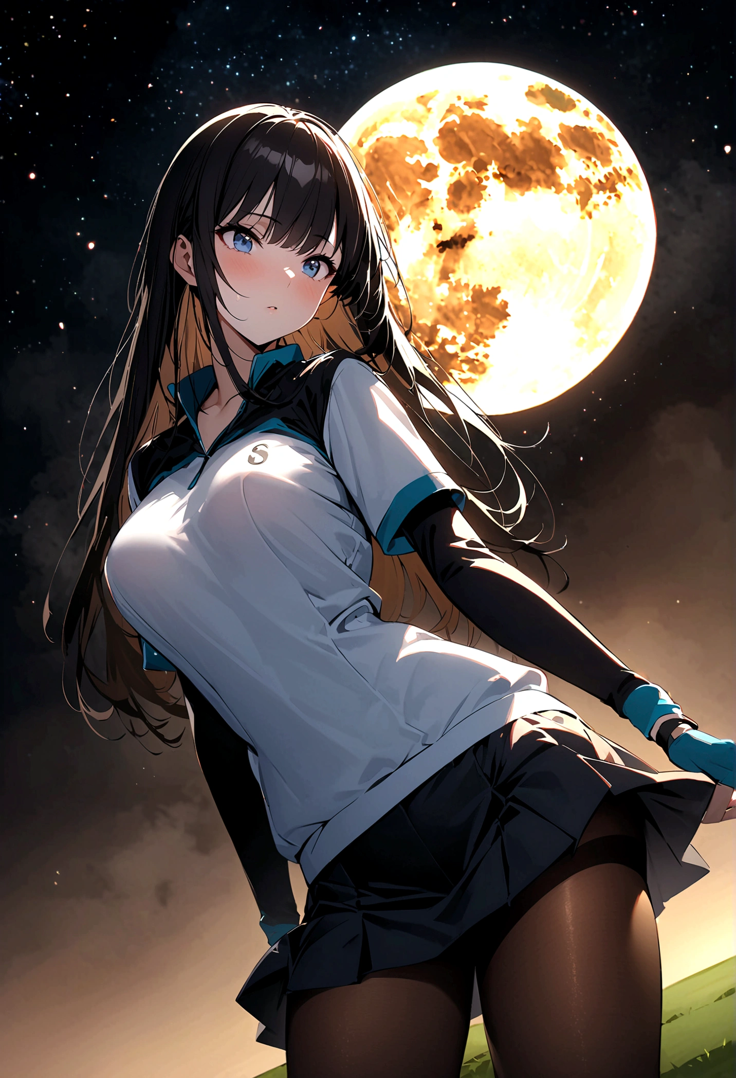 1 female、woman with very long black hair、Busty women、Spectacular views、Night Scene、The view from the top of the hill、Full moon night sky、swirling starry sky、８K、Best Quality、The woman&#39;s whole body is in the photo、The woman is wearing a miniskirt and her crotch is visible.、Wearing pantyhose、Standing motionless in golf wear, staring at the ball