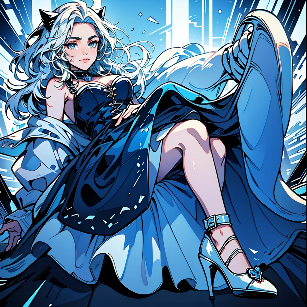 Full body A age girl with short wavy white hair bright blue eyes wearing a trendy dark blue dress with white heels at a party