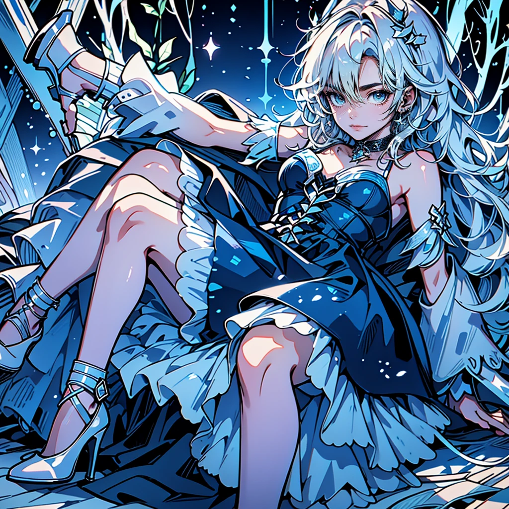 Full body A teenage girl with short wavy white hair bright blue eyes wearing a trendy dark blue dress with white heels at a party