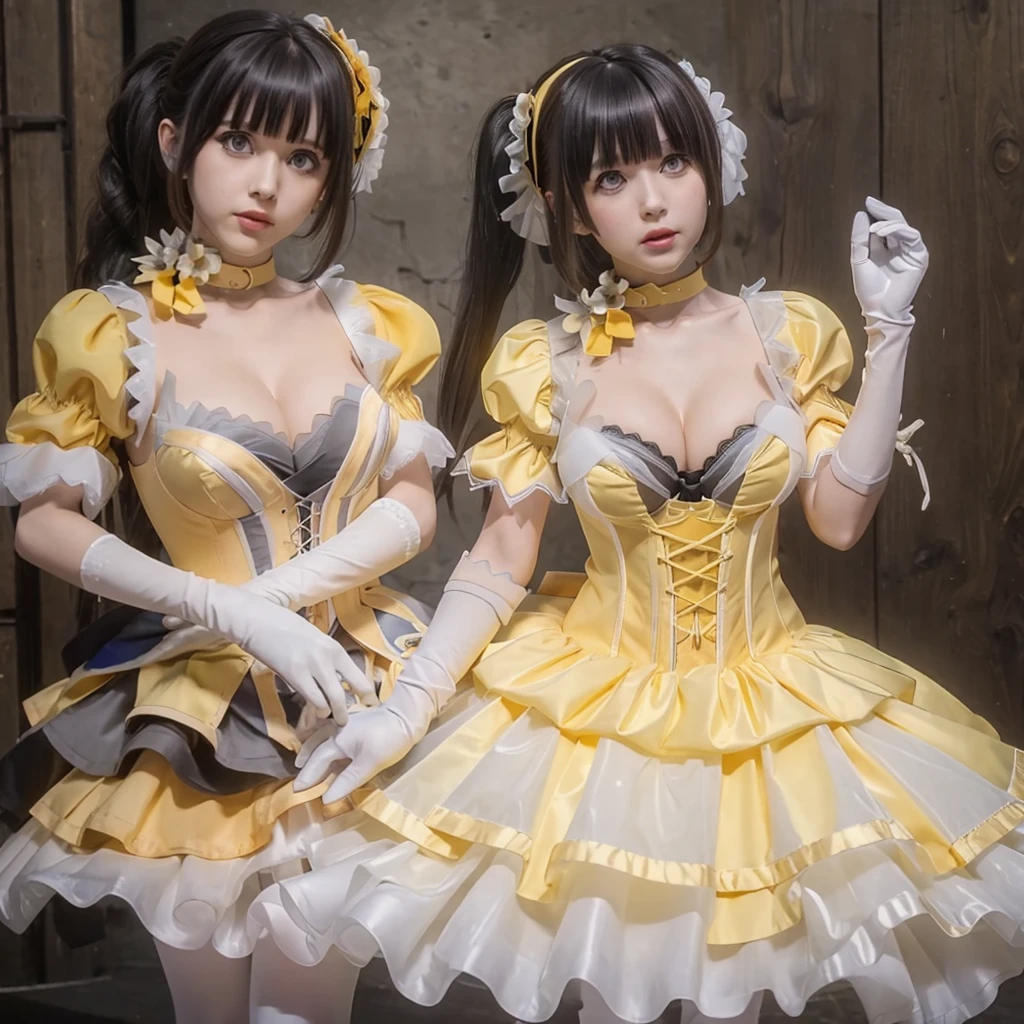 meijiu,meijiudress,white pantyhose,stocking,grey eyes,long hair,hime cut,blunt bangs,bangs,white glove,yellow dress,puffy short sleeves,puffy sleeves,crescent hair ornament,high heels,twintails, yellow eyes, hairband, heterochromia, dress, red dress, bare shoulders, collarbone, choker, bowtie, red bowtie, detached sleeves, corset, frills, cleavage,