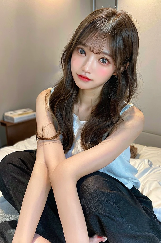 (masterpiece:1.5)、(Realistic:1.5)、(Highest quality:1.4、8K、RAW Photos）、 Ultra-high resolution、Professional Lighting、Perfect dynamic composition、Film Grain、chromatic aberration、(Bokeh:1.1)、 Frank、Sophisticated、charm、超Realistic、High detail、Golden Ratio、 (1 Girl)、Slender girl、繊細でcharm女の子、Cute Woman:1.4、 Serious expression、Looking at the audience、Light brown hair、Shiny Hair、Hairstyle: Long hair、 Realistic looking skin、 shut up.、Beautiful Eyes、double eyelid、Thin arms、cowgirl position, open legs, on bed:1.2、(crawling position on their hands and knees:1.3)