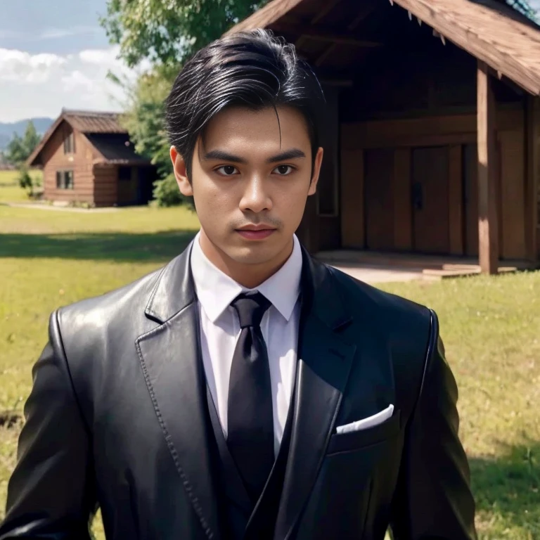 Close-up of a Southeast Asian man with a round face., black eyes, staring at the viewer, morning sun, ((face details)), Double eyelids, realistic, Masterpiece, Highest quality, lens flare, shade, [[Chromatic aberration, digital painting, 8K, 45,000,000,000 pixels,, t-shirt, long hair,black eyes,abdominal muscles, The body is beautiful and strong., Curvy chest, (digital painting, HDR, high contrast