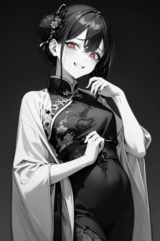 Top quality, (background details), beautiful line drawing, monochrome drawing, black and white drawing, high contrast, very beautiful girl, detailed original illustration, Chinese style, Chinese clothes, red under eye color, dark circles under eyes, twin-tail hair in a bun, black hair, double teeth, evil smile, ((grin)), crazy eyes, sensual, delicate face, high contrast, charm, bad girl, sexy, small breasts, small height, real breasts, head up, black background, (black background: 1. 5)
