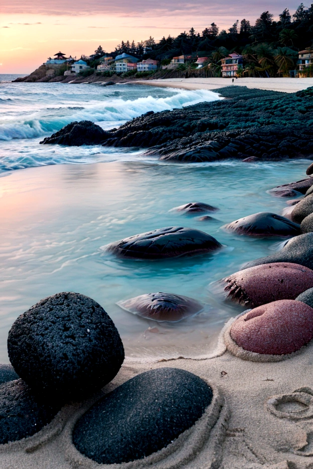 Close-up of a beach with a bunch of rocks and a sunset, coastal, Pastel colored beach,color, Magical Beach, Beach Scenery, Seagrass, beautiful sea landscapes, Rocky beaches, Beautiful beaches, 息を呑むようなcolor, Sunrise colors, breath-taking Beautiful beaches, color豊かなシーン, HDR Color, Beautiful iPhone Wallpapers, Calm and bright colors, Awesome Screensaver, Sea view, HDR photo