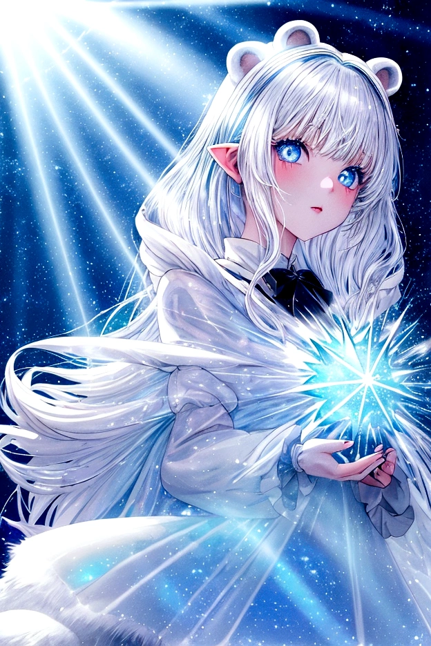 ((Polar Bear-eared chemomimi girl)), (Gothic lolita), ((white-haired berry berry short, light blue inner color)), plump shiny lips, Beautiful clear blue eyes, Spoken Heart, Leaning forward, (snowy landscape in backround), ((Shining sunlight)), (light Particle, light glow, llight rays:1.4), masutepiece,Best Quality,ultra-detailliert,