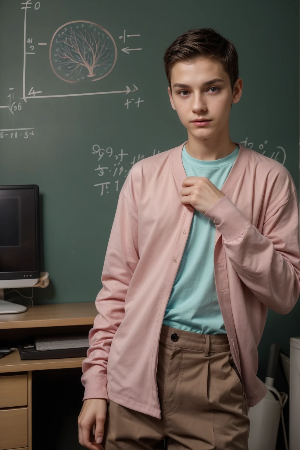 A young, beautiful, cute male twink with a face with makeup and black hair wearing a long-sleeved pink shirt and aqua blue pants. He is a cute, feminine male. He is in his office, and behind him is a blackboard on which is written the shape of the brain, its anatomy, and mathematical equations.