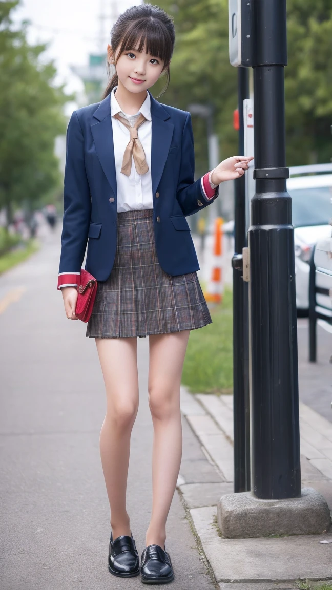 (masterpiece、8k、muste piece、RAW photo:1.4)、High resolution、((far away from the person))、((Full body photo from face to toes))、big eyes and small face、Height: 155cm、Japanese beautiful girl、Smile of a smiling beautiful girl、facing the front、Stand with your feet together, slender、stand up with good posture、Residential area in the morning、realistic、15-year-old junior high school girl、bus stop, slender and delicate body、small breasts、Blue Blazer Uniform、girls 、plaid skirt、healthy young teenage woman, Knee High Socks, brown loafers leather shoes、Wear loafers、put your feet on the ground、full body shot、full body shot、Neat hairstyle details、Emphasizes the very slender leg line