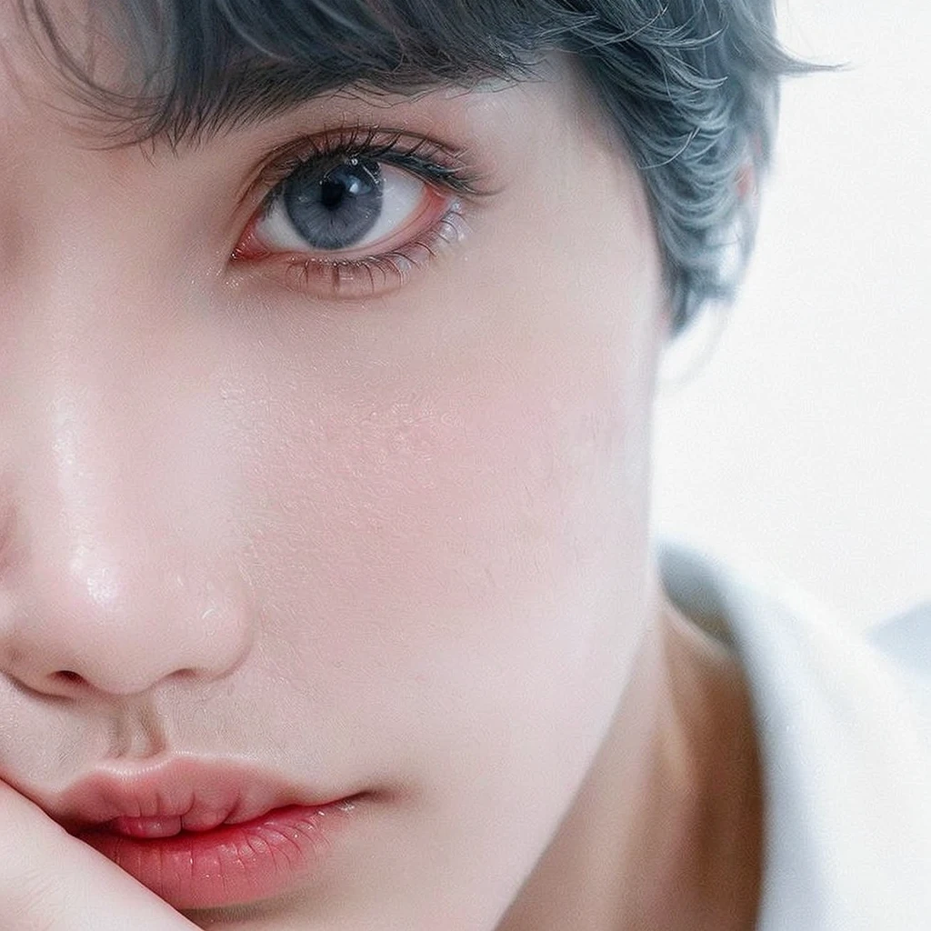 There is a man with gray hair and a white shirt, Jimin\the right eyelid is swollen, Jimin\the full lips, Jimin\the Greek nose, Jungkook, deep and charming eyes, your eyes seem wise, Jimin, dreamy eyes, park Jimin, your eyes are red and glowing, cai xukun, accurate Jimin face, your eyes glowing red