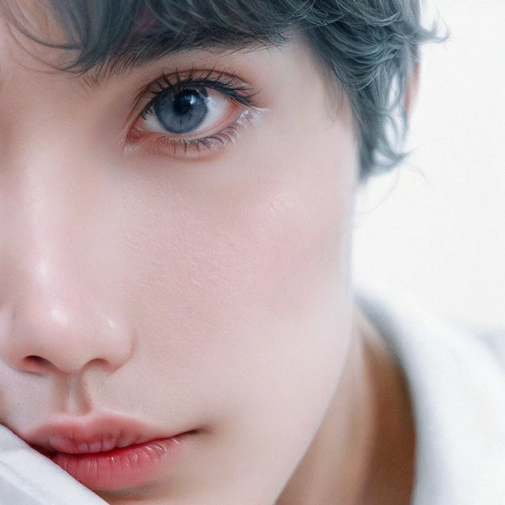 There is a man with gray hair and a white shirt, Jimin\the right eyelid is swollen, Jimin\the full lips, Jimin\the Greek nose, Jungkook, deep and charming eyes, your eyes seem wise, Jimin, dreamy eyes, park Jimin, your eyes are red and glowing, cai xukun, accurate Jimin face, your eyes glowing red