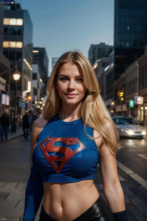 a beautiful woman, blonde hair, blue eyes, long hair, pretentious smile, superheroine outfit, city office setting, best quality, 4k, 8k, highres, masterpiece:1.2, ultra-detailed, realistic, photorealistic, photo-realistic:1.37, HDR, UHD, studio lighting, ultra-fine painting, sharp focus, physically-based rendering, extreme detail description, professional, vivid colors, bokeh, portraits, concept artists