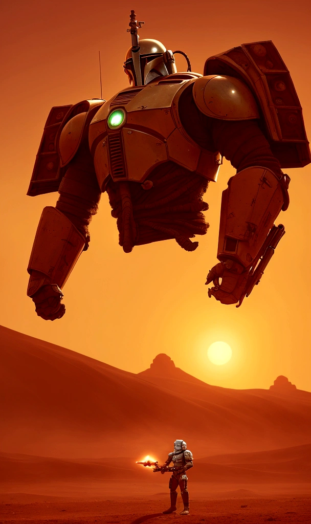 A Mandalorian warrior engaged in battle with a colossal alien creature in a vast desert landscape, amidst a swirling orange sandstorm that obscures visibility. The scene is reminiscent of surrealist master Enki Bilal, set on a moon with a sci-fi backdrop. The atmosphere is fantastical, magical, and wholly unexpected, captured in super detail with dreamy lo-fi photography techniques. The colors pop in a vivid, otherworldly display.