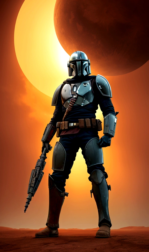 A Mandalorian warrior engaged in battle with a colossal alien creature in a vast desert landscape, amidst a swirling orange sandstorm that obscures visibility. The scene is reminiscent of surrealist master Enki Bilal, set on a moon with a sci-fi backdrop. The atmosphere is fantastical, magical, and wholly unexpected, captured in super detail with dreamy lo-fi photography techniques. The colors pop in a vivid, otherworldly display.