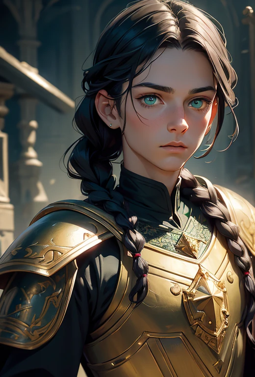 detailed portrait of a prince man, 1 young boy, dark braided hair, face detailed, beautiful green eyes, detailed nose and lips, holding a shield and sword, in a war scene, detailed armor, clothes with complex textures, ambient lighting, cinematographic composition, dramatic lighting, fancy, highy detailed, 8K, photorrealistic, Masterpiece artwork