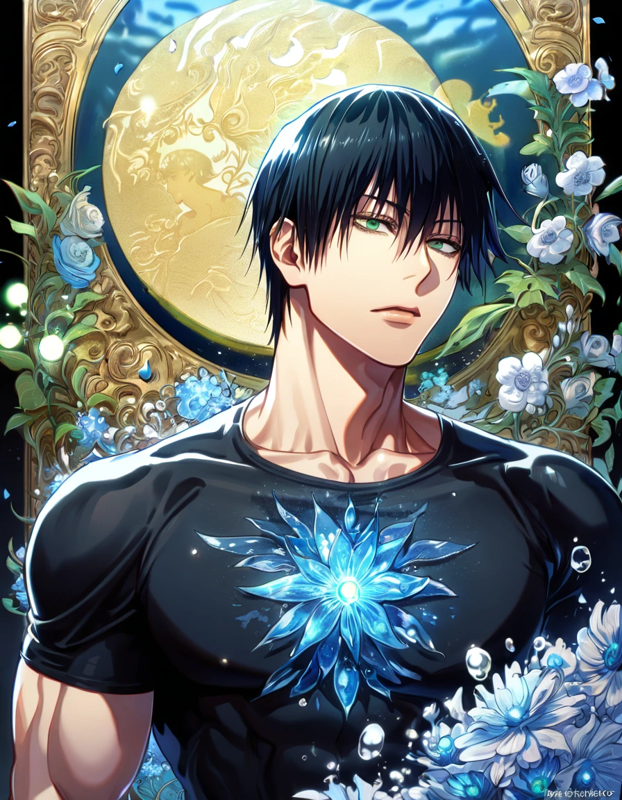 absurdres, highres, ultra detailed, HDR, master piece, Fushiguro Touji, black straight hair, expressive green eyes, black tight shirt, Jujutsu Kaisen, sexy man, handsome, best quality, blue moon, flowers, fantasy, magical, solo, water, blue shining fireflies, blue petals, toned chest