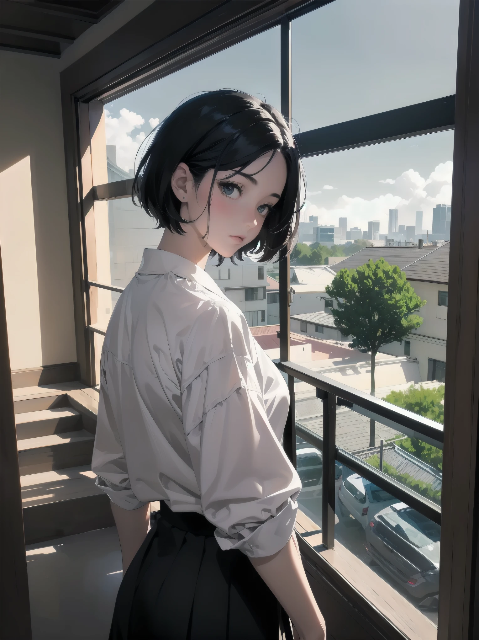 masterpiece, best quality, ultra-detailed, illustration,
1girl, , black hair, skirt , short hair, white shirt,
kaidan, stairs, scenery, window, ダイナミックアングル、ダイナミックポーズ