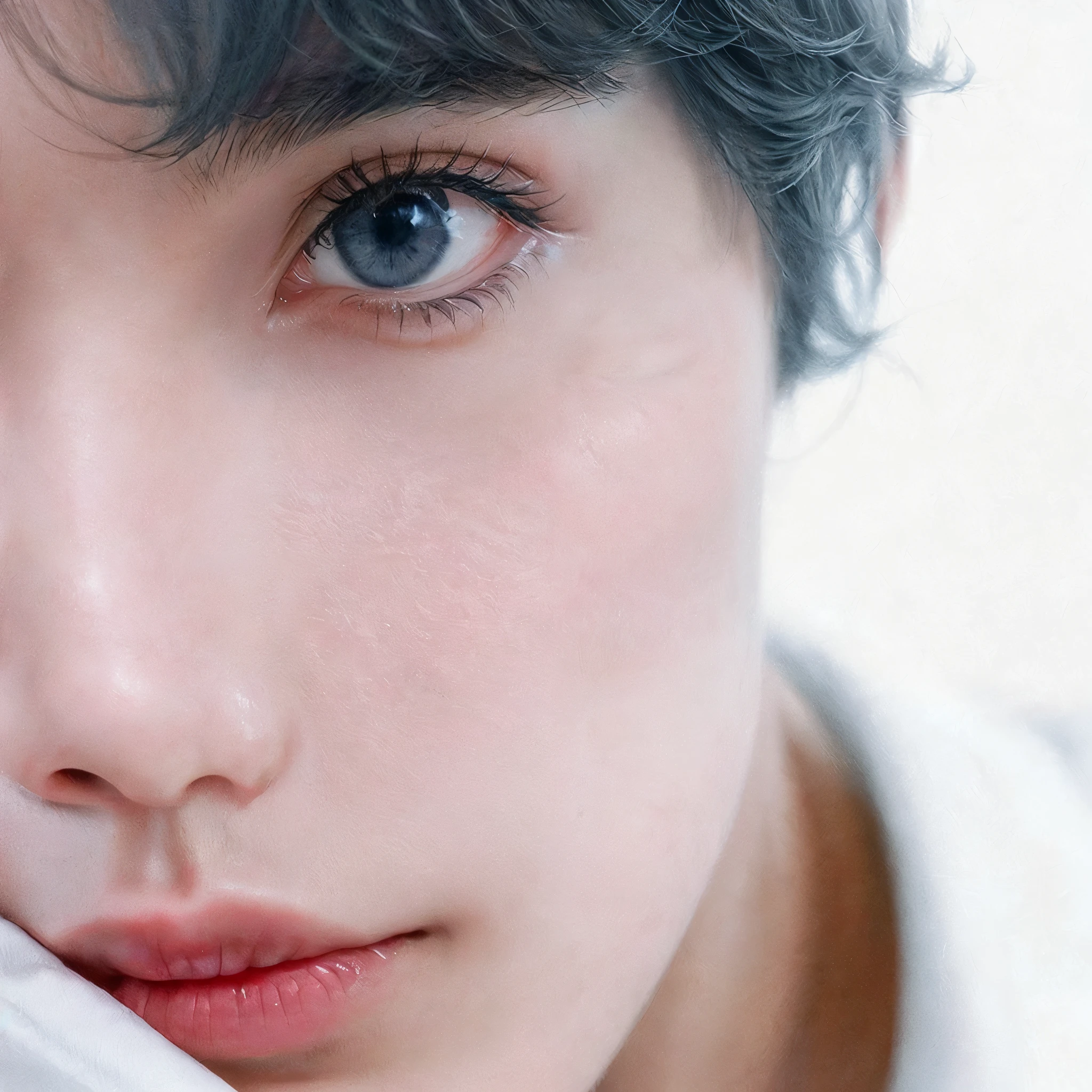 There is a man with gray hair and a white shirt, Jimin\the right eyelid is swollen, Jimin\the full lips, Jimin\the Greek nose, Jungkook, deep and charming eyes, your eyes seem wise, Jimin, dreamy eyes, park Jimin, your eyes are red and glowing, cai xukun, accurate Jimin face, your eyes glowing red