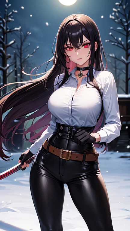 1 woman, woman fighting two zombies, High school girl swordsman, holds a katana in his right hand, long black hair, beautiful eyes, detailed eyes, Red eyes, choker:1.6, captivating look, wearing a white long sleeve shirt, belt、leather　Brown　corset　chain, golden decoration、leather　濃いBrown, big breasts, shiny black tight leggings, Snowy forest, snow night, Dark, Moonlight, absurd, high resolution, ultra-sharp, 8k, Masterpiece, front view, looking at the viewer