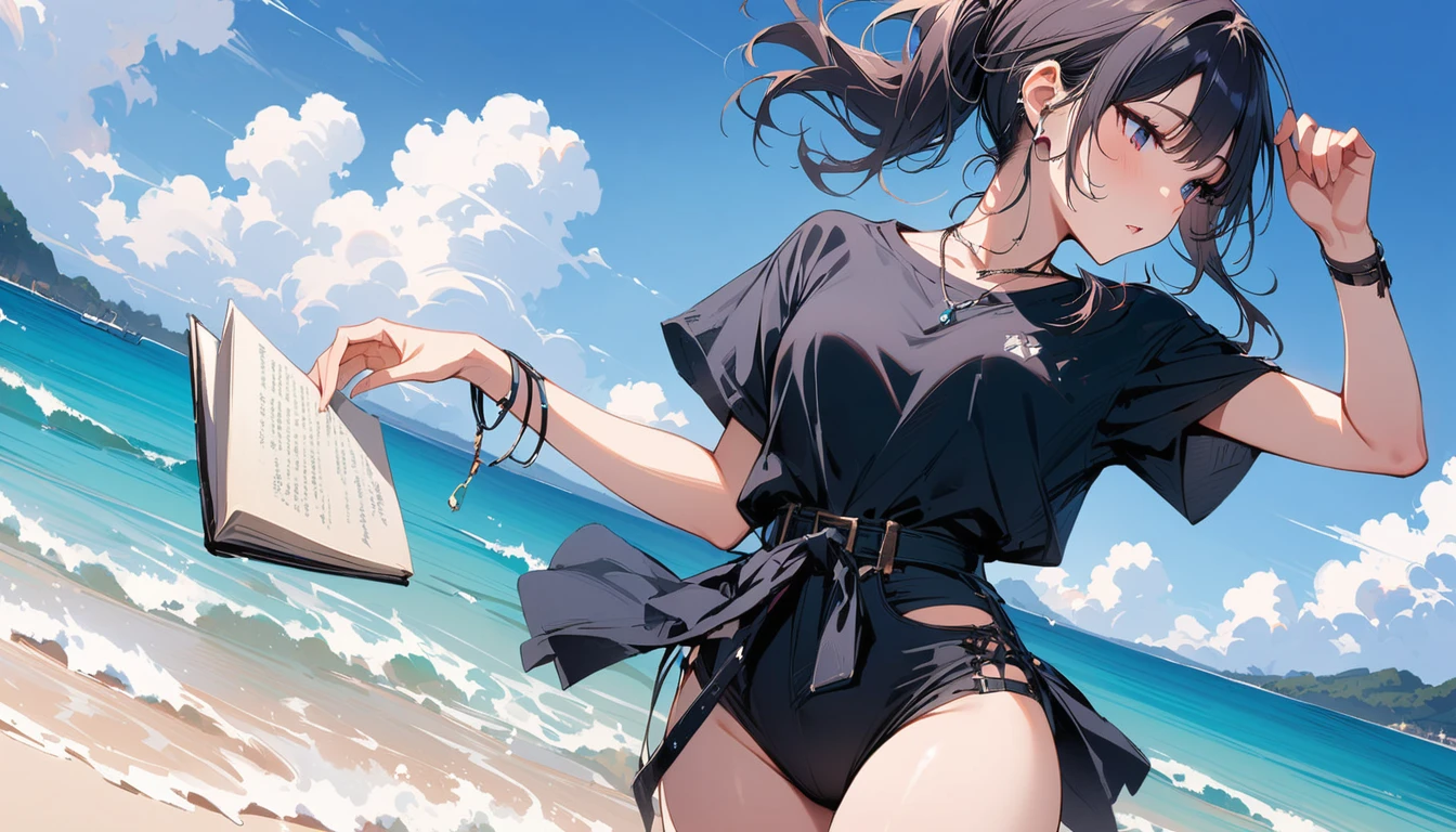 (masterpiece, Highest quality:1.2), 1 Girl, alone,Eyes open,I have a book,Tropical atmosphere,Ocean