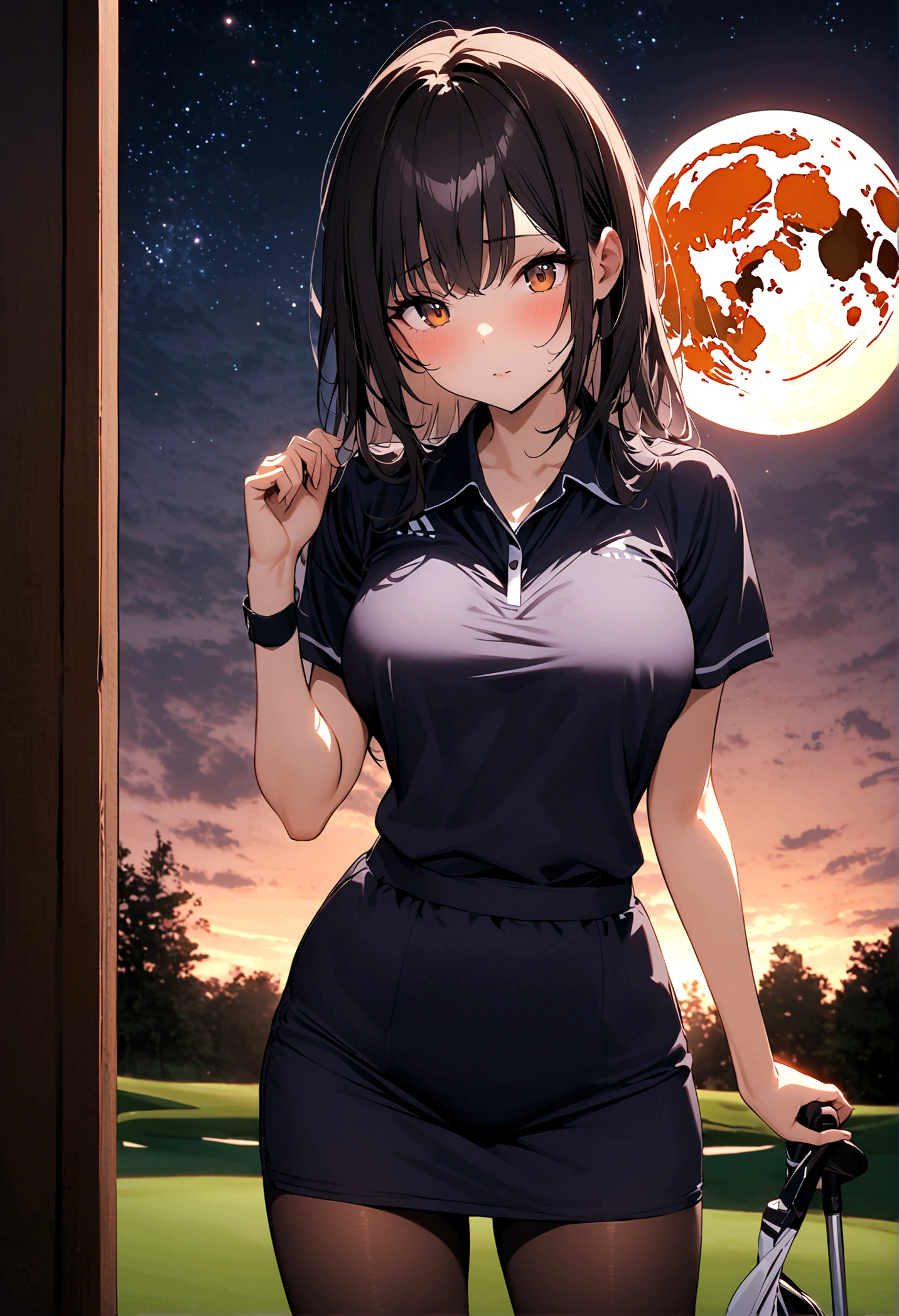 1 female、woman with very long black hair、Busty women、Spectacular views、Night Scene、The view from the top of the hill、Full moon night sky、swirling starry sky、8K、Best Quality、The woman's whole body is in the photo、The woman is wearing a miniskirt and her crotch is visible.、Wearing pantyhose、Standing motionless in golf wear, staring at the ball