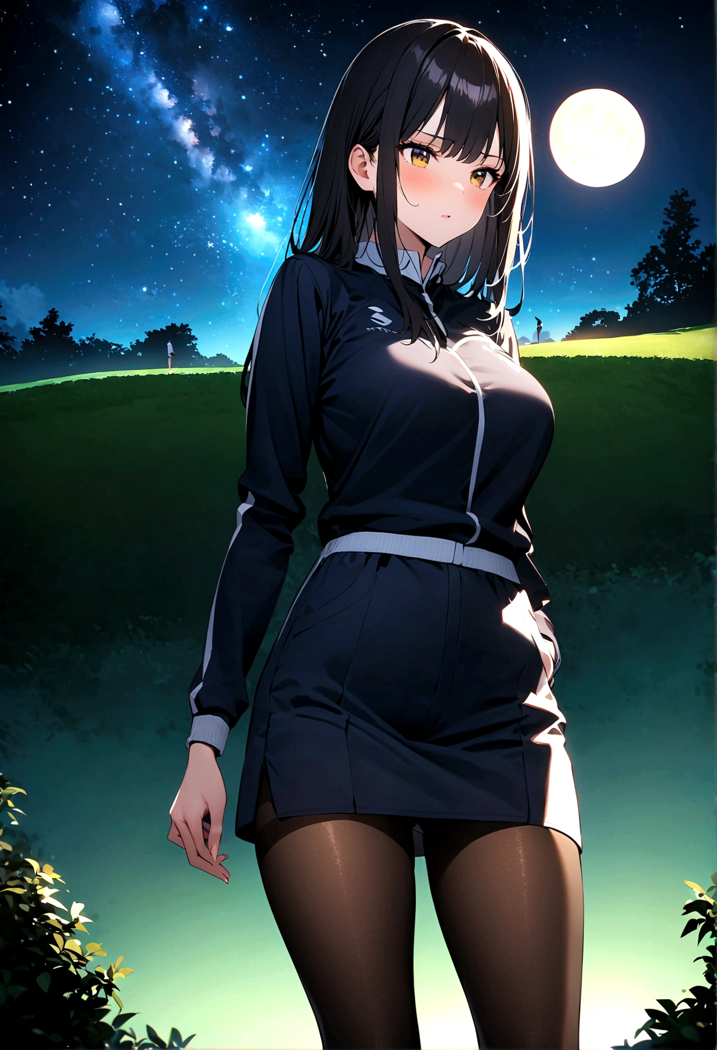 1 female、woman with very long black hair、Busty women、Spectacular views、Night Scene、The view from the top of the hill、Full moon night sky、swirling starry sky、８K、Best Quality、The woman&#39;s whole body is in the photo、The woman is wearing a miniskirt and her crotch is visible.、Wearing pantyhose、Standing motionless in golf wear, staring at the ball