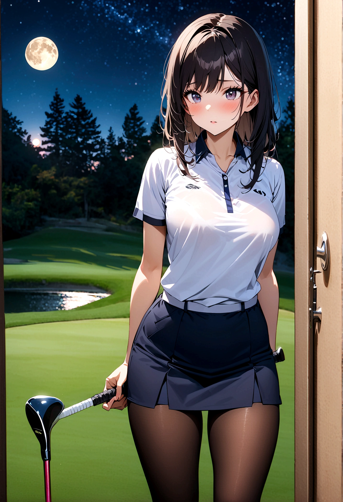 1 female、woman with very long black hair、Busty women、Spectacular views、Night Scene、The view from the top of the hill、Full moon night sky、swirling starry sky、8K、Best Quality、The woman's whole body is in the photo、The woman is wearing a miniskirt and her crotch is visible.、Wearing pantyhose、Standing motionless in golf wear, staring at the ball