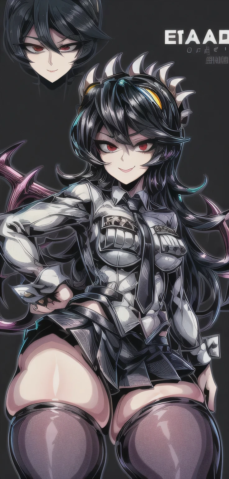 filia, 1girl, , thighhighs, necktie, black thighhighs, pleated skirt, thighs, zettai ryouiki, thick thighs, extra mouth, prehensile hair, living hair, Stylish, Heroic pose, smug smile