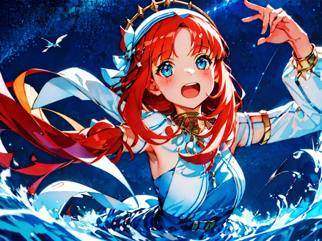 Extremely detailed representation，high quality，16K、8K、high resolution、masterpiece、1 Girl、Please open your mouth wide、Please laugh out loud、Beautiful Teeth,Look up at the starry sky,Floating on the surface of the water,Floating on water,stars shining on the water surface,Calm water surface,White Dress,Redhead