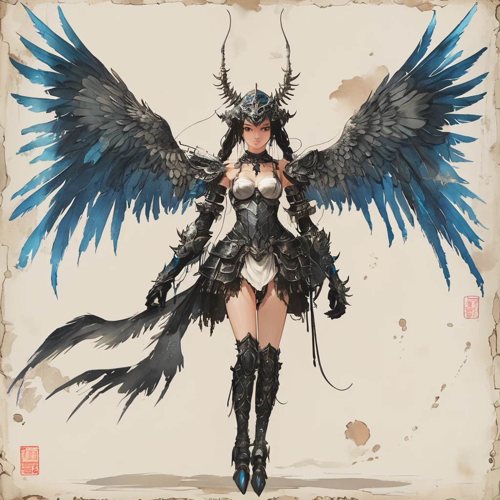 Masterpiece, Highest quality)), Detailed face, character design sheet, full bodyesbian, Full of details, frontal body view, back body view, Anime, 1 winged black-skinned girl, Ebony skinned, mega ponytail hairstyle, pure white hair, Sea BLUE eyes, busty, valkyrie's winged helmet, white valkyrie's armor, pit black Long large skirt, white gauntlets, white Boots, Ebony skin, serious face, large wings, action pose, extremely Large wings