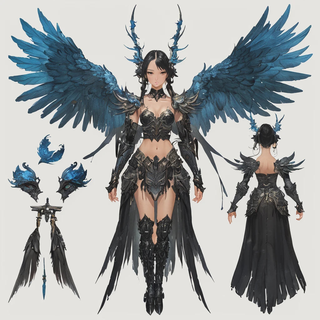 Masterpiece, Highest quality)), Detailed face, character design sheet, full bodyesbian, Full of details, frontal body view, back body view, Anime, 1 winged black-skinned girl, Ebony skinned, mega ponytail hairstyle, pure white hair, Sea BLUE eyes, busty, valkyrie's winged helmet, white valkyrie's armor, pit black Long large skirt, white gauntlets, white Boots, Ebony skin, serious face, large wings, action pose, extremely Large wings