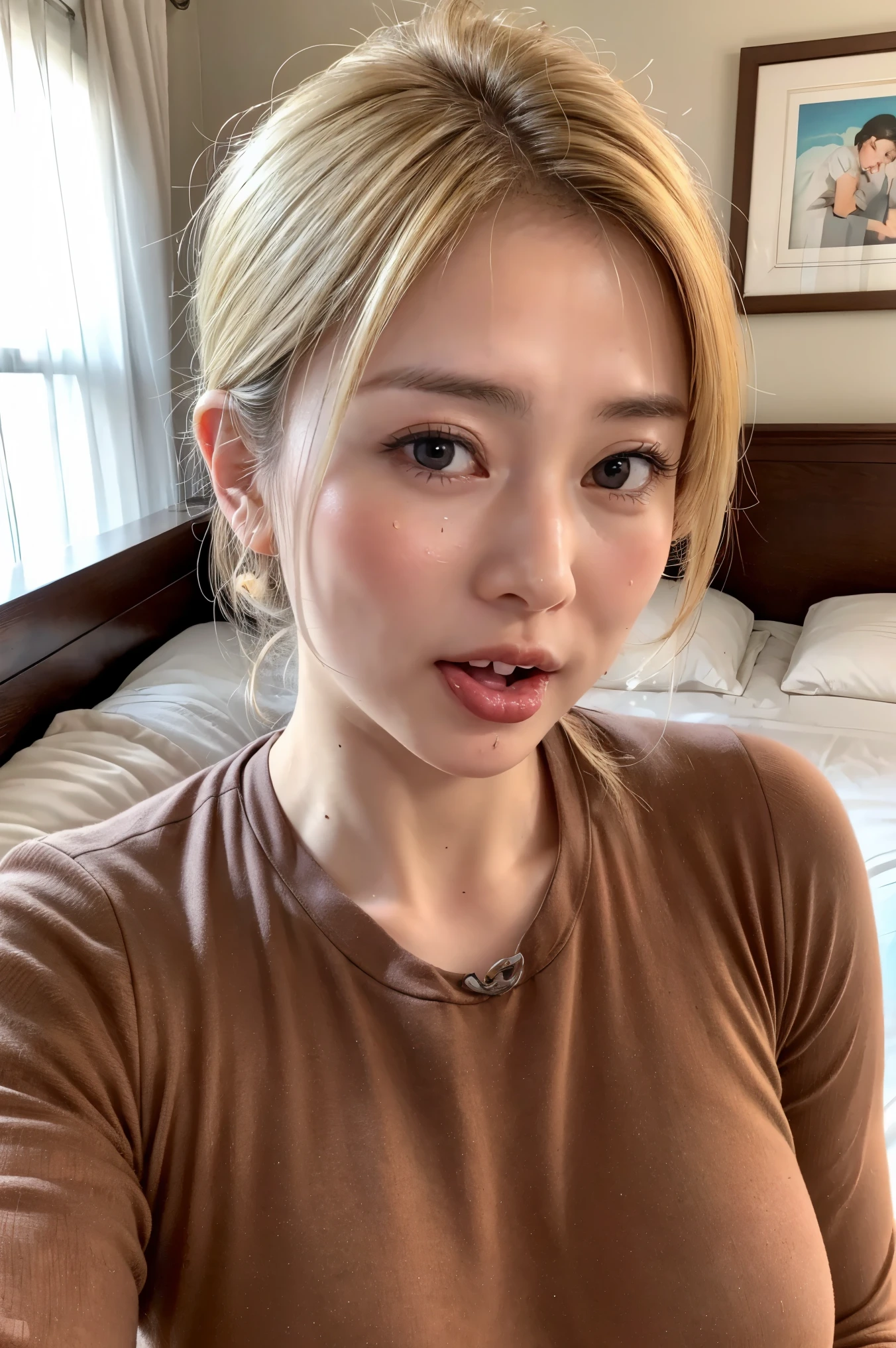 (Realistic:1.3、Ultra HD、Ultra-high resolution、8K、Female Japanese Housewife、寝室でBlowjobチオをするMature Woman:1.5、At the bed)、((Look Viewer:1.8))、(Extremely realistic skin texture:1.4)、(Realistic:1.3)、short hair、((Embarrassed expression:1.5))、(blonde:1.5)、48-year-old woman、Mature Woman、Ponytail Hairstyles、(Brown eyes:1.3)、(Face close-up:1.38)、(Sweaty:1.2)、(Nipplesを見せる)、((衣服から突き出たNipples,))、dress、美しいNipples、Nipples、(Shooting from the side:1.1)、Drooling、((Blowjob、Cum in mouth、))、((Sticking out tongue:1.2))