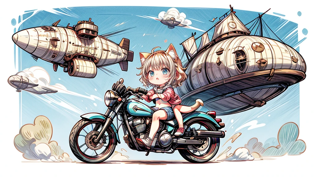 steampunk、Chibi character riding a motorcycle、Dynamic pose、look up、short hair、Cat ear、Flying Airship, Full of air,One girl、Big smile、Blonde Hair、Short Hair、Inner curls、Pink hoodie、Denim shorts、Black sneakers_No socks、Turquoise Eyes、Belly button、I see my stomach