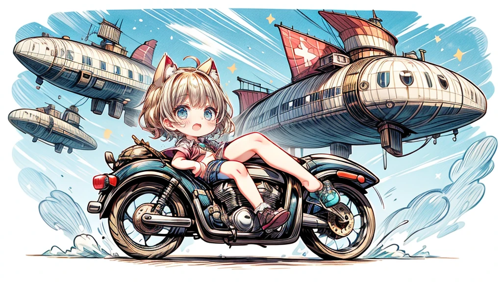 steampunk、Chibi character riding a motorcycle、Dynamic pose、look up、short hair、Cat ear、Flying Airship, Full of air,One girl、Big smile、Blonde Hair、Short Hair、Inner curls、Pink hoodie、Denim shorts、Black sneakers_No socks、Turquoise Eyes、Belly button、I see my stomach