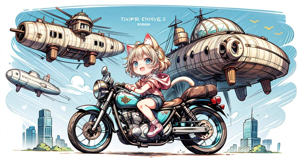 steampunk、Chibi character riding a motorcycle、Dynamic pose、look up、short hair、Cat ear、Flying Airship, Full of air,One girl、Big smile、Blonde Hair、Short Hair、Inner curls、Pink hoodie、Denim shorts、Black sneakers_No socks、Turquoise Eyes、Belly button、I see my stomach